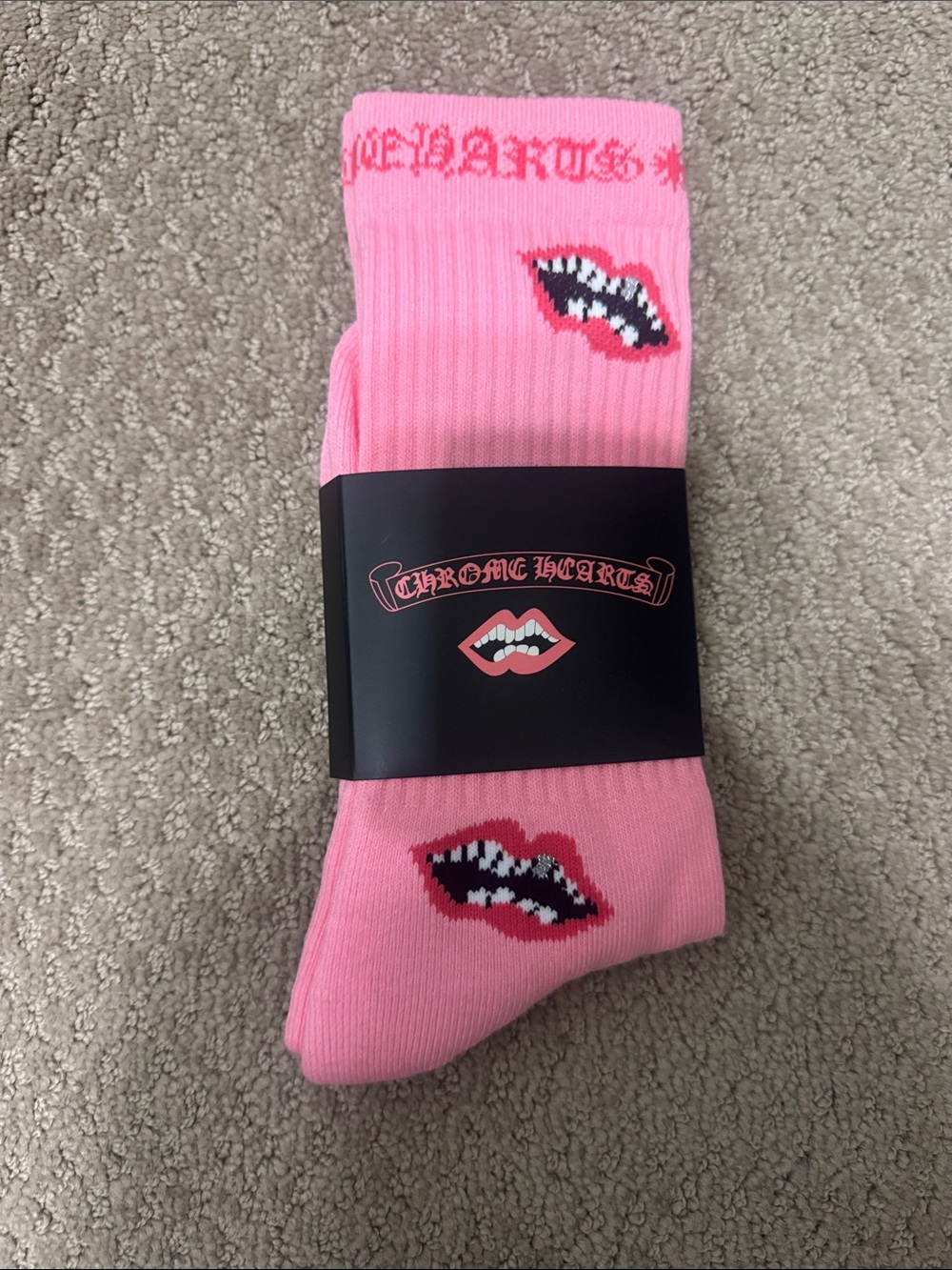 Chrome Hearts Pink Lip Motif Crew Socks